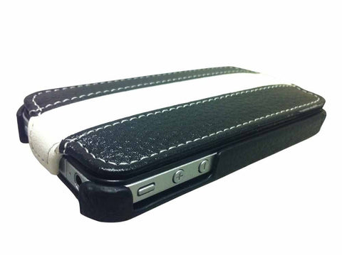 iPhone 4/4S Black Leather Flip With Stripe - White
