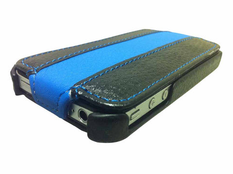 iPhone 4/4S Black Leather Flip With Stripe - Blue